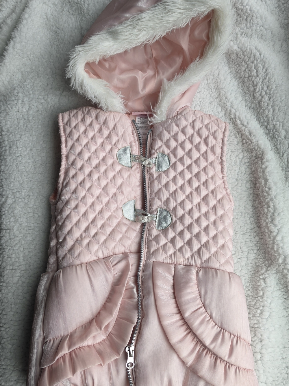 Little Lass Light Pink Quilted Hooded Vest with Faux Fur Trim